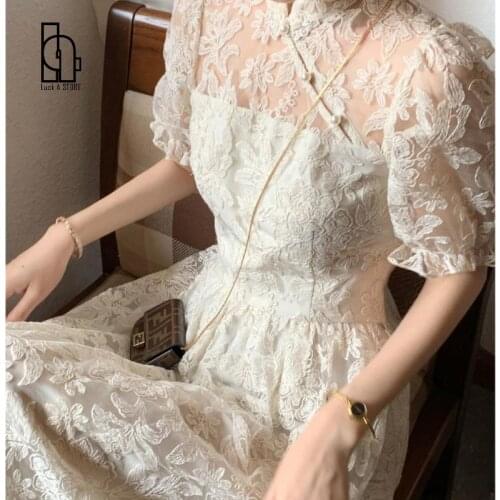 Elegant Lace Floral Dress Women Embroidery French Vintage Cheongsam Midi Dress Summer Casual Party Princess Fairy Dress 2021