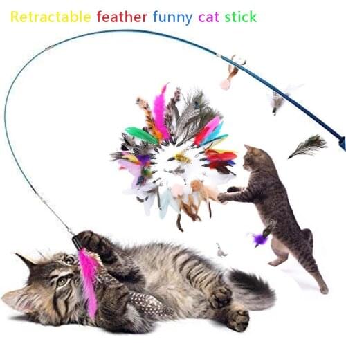 Interactive Cat Feather Toy Feather Teaser Stick Wand Pet Retractable Feather Bell Refill Replacement Catcher Product for Kitten