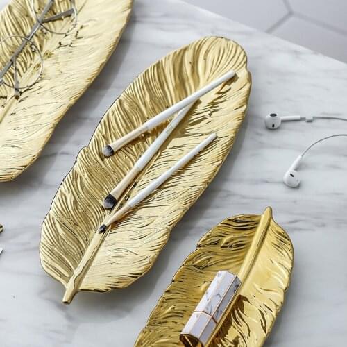 Nordic Gold Feather Shape Ceramic Tray Jewelry Plate Dessert Tray Kitchen Dinnerware Tabletop Decoration Accessories Makeup Tray