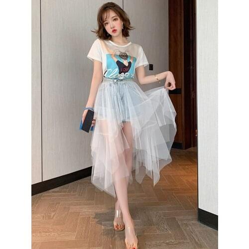 Top Quality Washed denim short with rough edge irregular mesh skirt in summer