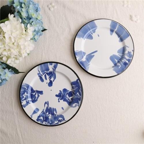 Small White and Blue Marbling Enamel Plate Outdoor Camping Dish Kitchen Tableware