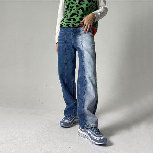 Gradient Color Patchwork Light Blue Jeans Men Loose Straight Wide Leg Pants Highstreet Fashionable Trousers Boyfriend Pants