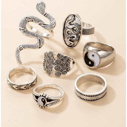 Vintage Personality Snake Tai Chi Carved Rings Set Fashion Punk Geometric Heart Rings for Women Men Jewelry Accessories