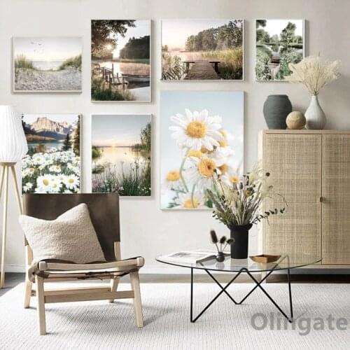 Sunset Nature Landscape Scandinavian Canvas Painting Poster Spring Flower Lake Nordic Wall Art Picture And Print Decoration Gift