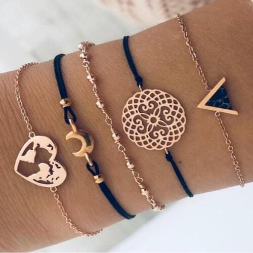 New Bohemian Black Rope Chain Bracelet Set for Women Triangle Shell Moon Heart Crystal Charm Bangle Jewelry