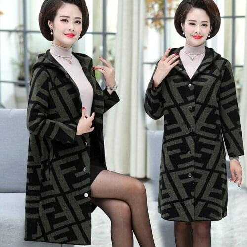 Mothers Autumn and Winter Clothing Temperament Long Coat Womens Fashion Large Size Knit Cardigan Hooded Sweater Coat f2243