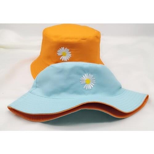 Summer Daisy Embroidery Bucket Hat For Women Girls Foldable Sun Visor Cotton Caps Large Wide Brim Beach Panama Hats 2021 New