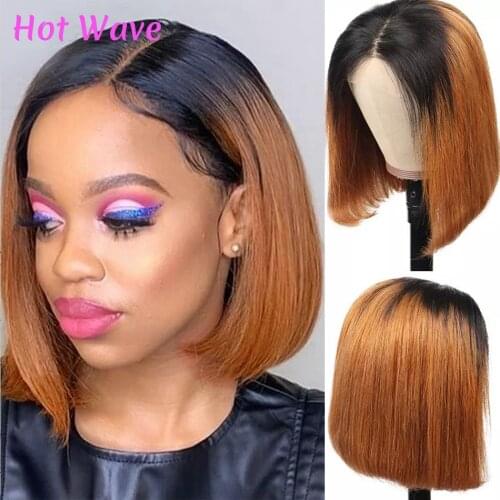 Hot Wave 1B/30 T Part Ombre Highlight Short Bob Wig Lace Front Wig Brazilian Straight Transparent Lace Frontal Human Hair Wigs