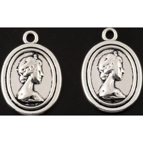 20Pcs Silver Color Round Women Head Portrait Charms Avatar Pendant For Jewelry Making Necklaces Crafts 21X15mm A638