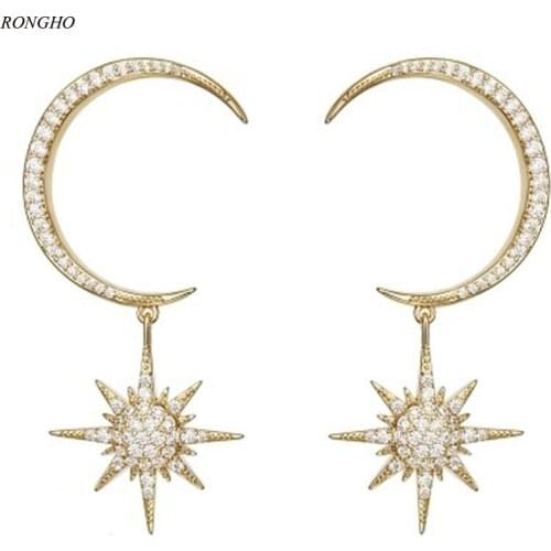 Rongho Design Crystal Moon stud earrings for Women Rhinestone Stars Pendant earrings Gold Hiphop jewelry