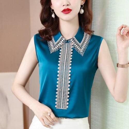 Summer women satin silk shirts women lace blouses elegant sleeveless shirts ladies elegant work shirts female tops clothes