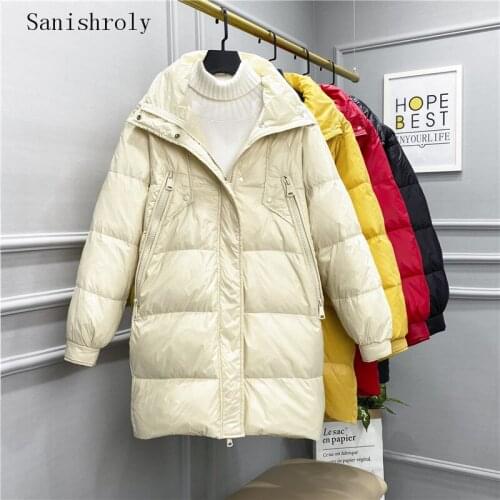 Sanishroly New Women Winter Coat Warm Thicken White Duck Down Jacket Parka Female Casual Oversize Midi Long Outwears Tops SE1073
