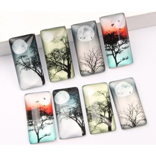 Reidgaller 20pcs 19*38mm rectangle moon tree photo glass cabochon diy mixed accessories for pendants jewelry making
