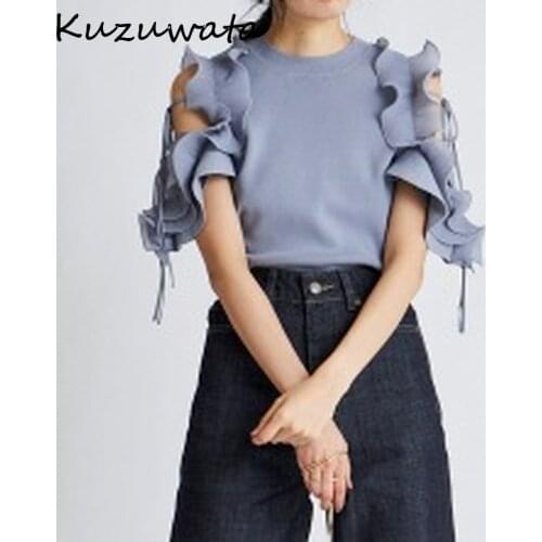 Kuzuwata Elegant Ruffles Patch Sexy Shoulder Strapless Blouse Women O Neck Flare Short Sleeve Work Style Ol Solid Shirt Simple
