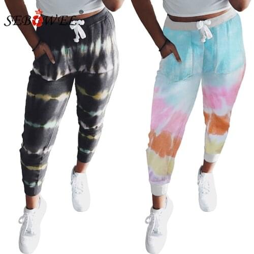 SEBOWEL Womens Tie Dye Print Drawstring Jogging Pants Female 2020 Lady Casual Sport Pants High Waist Trousers with Pockets