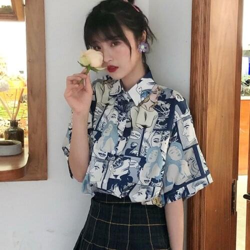 Harajuku Cartoon Print Summer Womens Blouses Punk Loose Short Sleeve Korean Style Ladies Kawaii Tops