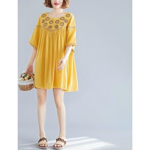 Johnature Summer New Embroidery Print Bohimian Women Shirts 2021 Casual Simple O-neck Long Loose Female Blouses