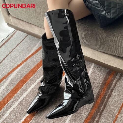 Women Genuine Leather High Heels Wedges Knee High Boots Ladies Autumn Winter Modern Long Boots Shoes Botas Invierno Mujer