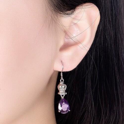 Woman 100% 925 Sterling Silver Personality Skull Earring Purple Zirconia Drop Eardrops Fashion punk Jewelry Gift