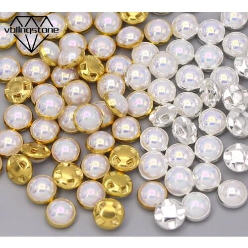 100Pcs Pearl Button Half Round AB Pearl Decorative Button For Clothes Gold/Sliver Metal Base Sew On Rhinestone DIY 6/8/10/12MM