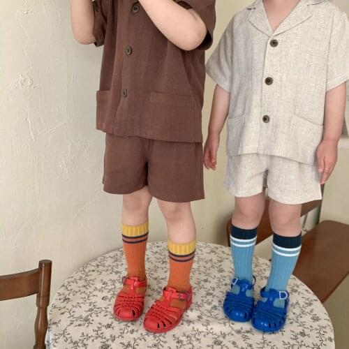 21 Korean Childrens Clothing Childrens New Korean Style Set Boys and Girls Baby Linen Short-Sleeved Shorts Two-Piece Suit