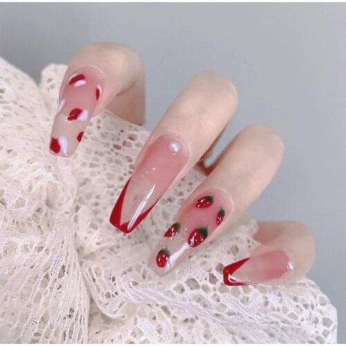 24pcs Strawberry Printed Nail Patch Glue False Nails Type Removable Long Paragraph Fashion Manicure Save Time False Nail Patch