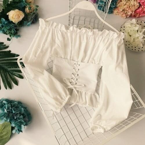 Bella Philosophy Spring Women Sexy Slim Solid Color Slash Neck Puff Sleeve Waist Design Bandage Blousee Off Shoulder Top