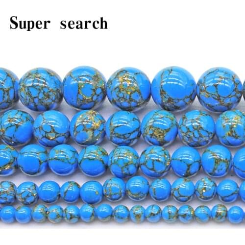 Blue Gold Line Turquoises Stone Beads Natural Round Loose Bead For Jewelry Making DIY Bracelet Necklace 4/6/8/10/12mm 15 Inches