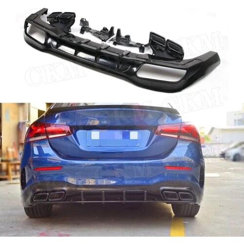 PP Black Rear Diffuser For Mercedes Benz A Class W177 A180 A200 A250 A35 2019 2020 304 Stainless Steel 4 Outlet Exhaust Tips