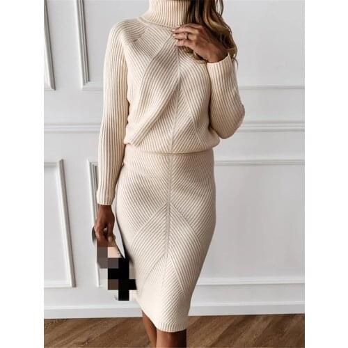 TYHUR Autumn Womens Knitting Costume Turtleneck Solid Color Pullover Sweater + Slim Skirt Two-Piece Set