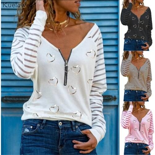 Kuelawear Long Sleeve V-neck Love Printing Zipper T-shirt Womens Solid Color Loose Tops Fashion Ladies Casual Cotton Tops