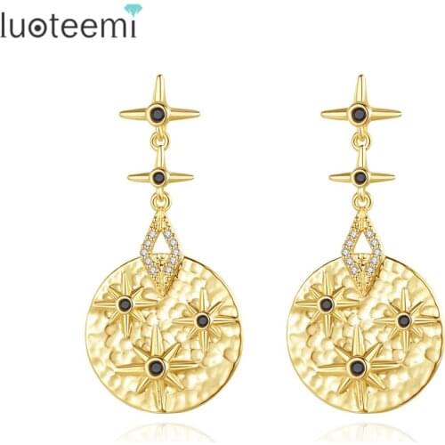 LOUTEEMI China Lute Musical Instrument Drop Earrings for Women Shining Stars Black CZ Round Fashion Jewelry 2020 Earrings