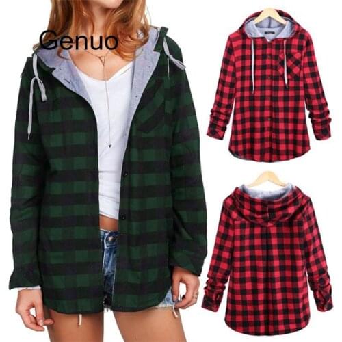 Fashion Womens Winter Sweatshirt Long Sleeve Plaid Hooded Coat Blouse Casual New Autumn Warm Ladies Female Blouse