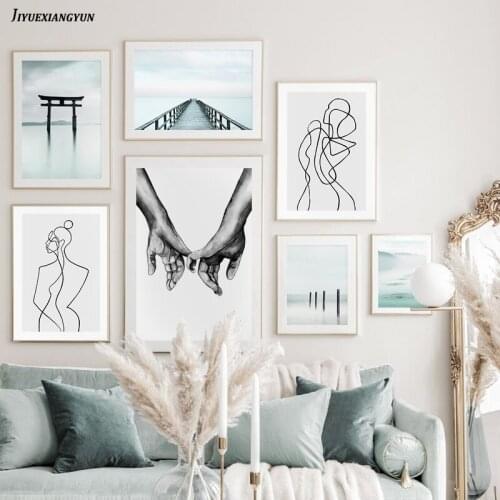 Bridge Lake Landscape Canvas Painting Wall Art Print Nordic Abstract Line Drawing Poster Minimalist Picture Modern Home Decor