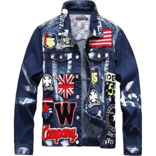 VIANKANI Mens Flag Letters Patch Design Painted Denim Jacket Slim Fit Skull Badge Patchwork Long Sleeve Jean Coat Outerwear 3XL