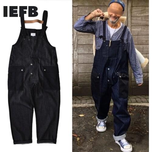IEFB Mens Contrast Color Patchwork Workwear Jumpsuit 2021 New Multi Pocket American Style Casual Jeans Overalls Big Size Pants