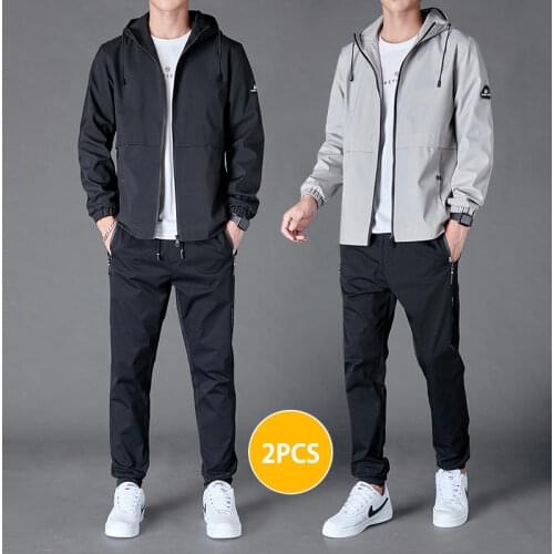 2021 Mens Two Pieces Set Hooded Jacket and Pants Set Autumn Men Tracksuit Fashion Sportswear Solid Color Casual Male Sports Suit