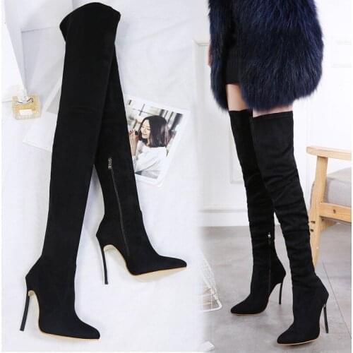 2021 New elastic pointed toe high heel stovepipe long boots over the knee boots women suede stiletto boots