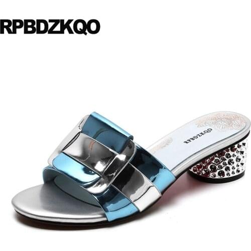 Pumps Designer Sandals Women Luxury 2018 Blue Rhinestone Diamond Slipper Slides Crystal Chunky Rose Gold Runway High Heels Shoes