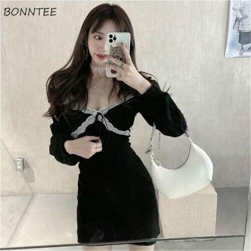 Long Sleeve Dress Women Low Cut Elegant Sexy Club Holiday Classic Aesthetic Black Lace Patchwork Sheath Empire Classy Vestidos