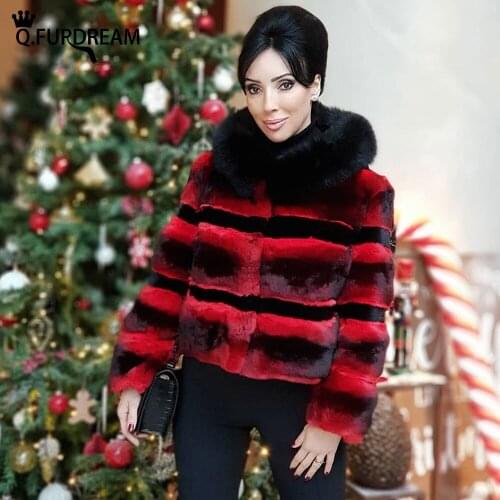 Q.FURDREAM Trendy Short Full Sleeves Real Rex Rabbit Fur Coat Fox Fur Turn-down Collar Autumn Winter Warm Fashion Woman Jacket