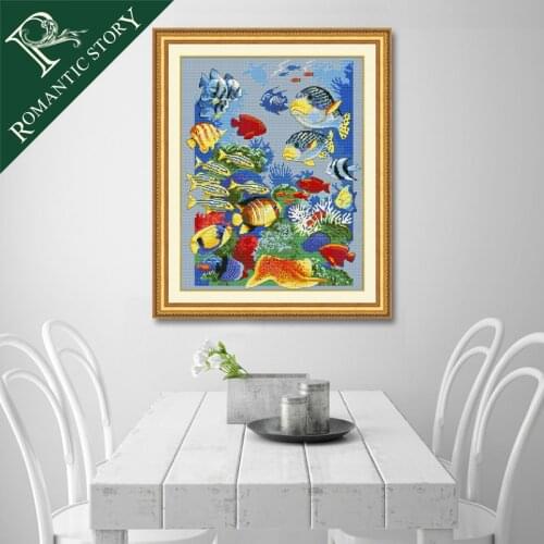 Romantic Story Underwater Animal Goldfish Home Decoration Painting Cross Stitch Needlework DMC DIY Printing Cross-Stitch Sets