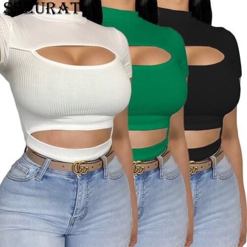 SSEURAT Hollow Out Sexy Women T-shirt Crop Top Solid Slim Tank Tops Tee Shirt Female Casual Camis