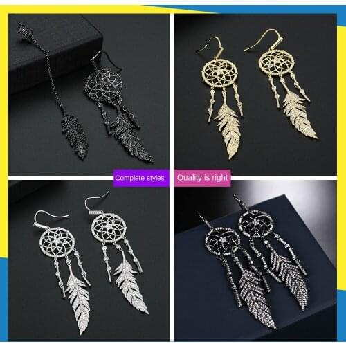 European new heavy technology feather ear hook earrings temperament trend style womens popular design diamond zircon jewelry