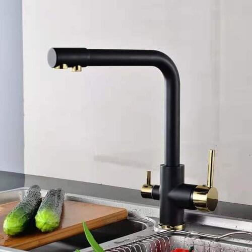 Rolya Black Golden Brass Kitchen Mixed Faucet 3-in-1 Kitchen Faucet Purified Water 3 Way Kitchen Tap