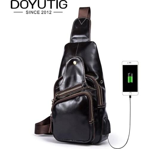 DOYUTIG Mens Black Genuine Leather Anti Theft USB Rechargeable Crossbody Bag For Business Fashion Male Single Shoulder Bag G118