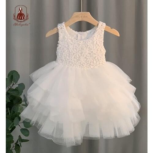 Yoliyolei Summer Girls Dress Cake White Comfortable Party Weddings vestidos Casual children dresses with Detachable Organza Bow