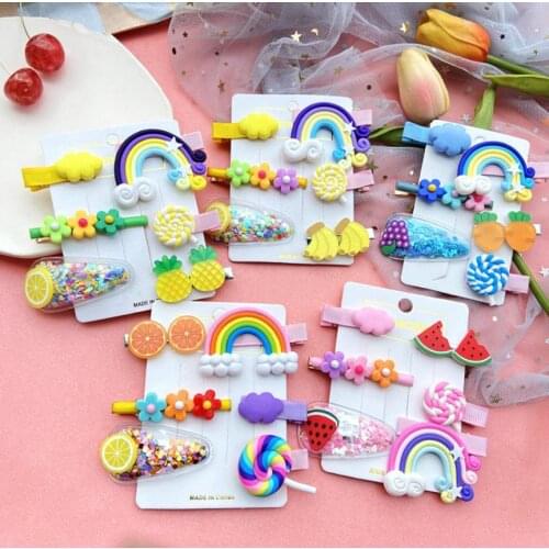 6Pcs Hair Clips for Girls Lovely Flower Fruit Rainbow Shape Hair Barrettes Non-Slip Candy Color Hairpins