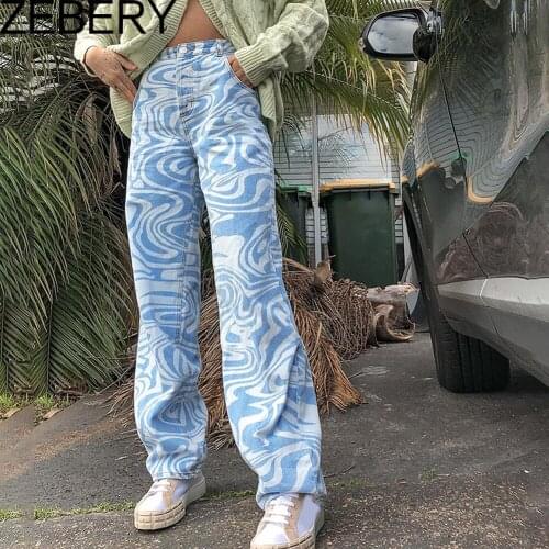 ZEBERY Zebra Pattern High Waist WomenS Jeans 90s Streetwear Trousers Baggy Leg Pants Y2K Mom Boyfriend Pants Denim Capris