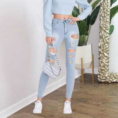 Tassel Rripped Jeans Women High Waist Stretch Slim Streetwear Hole Denim Trousers Lady Light Blue Denim Pencil Pants For Female